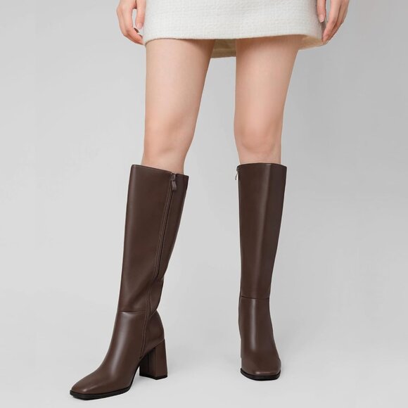 Women's Faux Leather Brown Square Toe Side Zipper Chunky Heel Knee High Boots - Picture 6 of 6